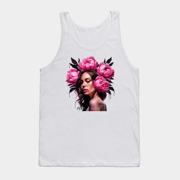 Flower Head Woman with Pink Peony Roses Tank Top by Ravenglow